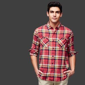 Linen Cotton Blend GAP 1969 Linen Icon Worker Plaid Standard Fit Shirt Soft